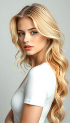 Fototapeta premium Beautiful model girl with Golden Blonde hair. Care and beauty hair products, magazine photoshoot, with white tones