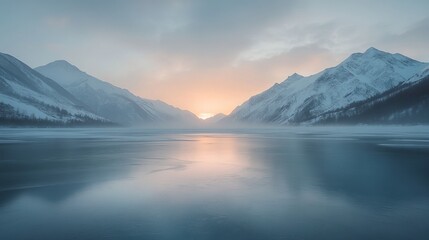 Obraz premium Majestic snow-capped mountains surround a vast, frozen lake under soft, ethereal dawn light