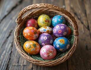 Fototapeta premium Painted Easter Eggs In A Wicker Basket