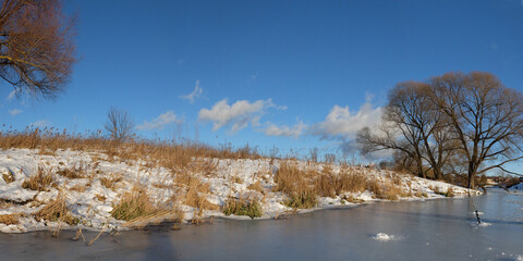 Winter fishing on the lake, beautiful panorama.