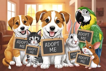 Adorable Pets Seeking Homes: Adopt Me!. A heartwarming image of diverse adoptable animals – dogs, a cat, a rabbit, a parrot