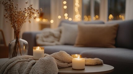 Cozy living room atmosphere with candles and soft decor for a relaxed evening