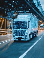 A futuristic truck on a highway with digital overlays indicating technology and connectivity.
