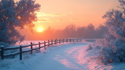 Fototapeta premium Winter sunrise over a snow-covered country road with a wooden fence.