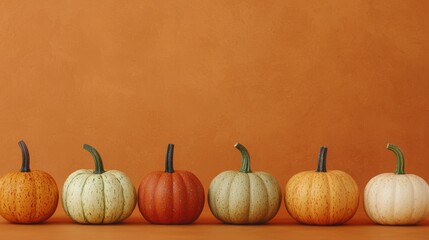 Colorful Pumpkins Against Orange Background for Autumn Decor