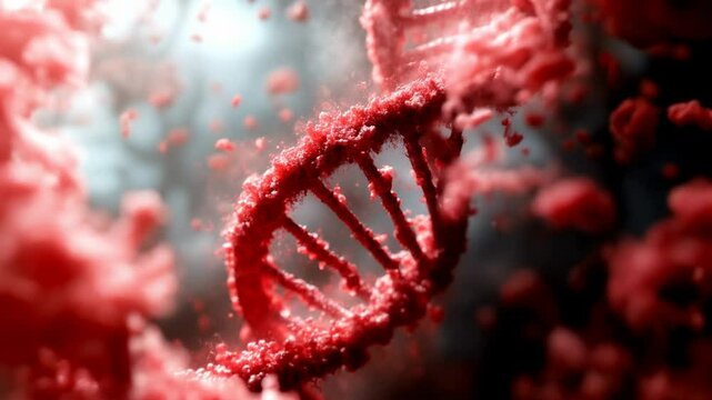 DNA structure in red hues, floating in a misty, surreal environment. Scientific visualization for genetics and molecular biology concepts in a cinematic style