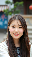 Fototapeta premium Beautiful young girl with beauty face, asian style, with white tones