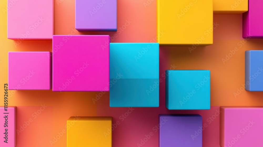 Poster colorful abstract composition of overlapping rectangular shapes in various vibrant hues, creating a 