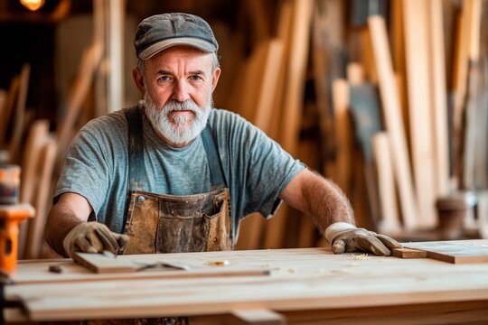 Skilled carpenter crafting wooden furniture in a workshop filled with materials