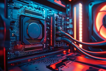 Fototapeta premium Modern computer circuitry illuminated by vibrant colors in a futuristic setting