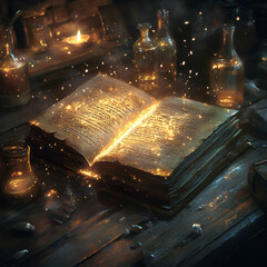 An ancient book of spells lies on an antique wooden table, surrounded by glowing potion bottles that emit light.  The book is open, revealing mysterious runes glowing gold.  background of dark stone 