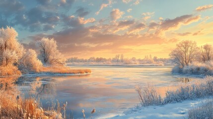 Fototapeta premium Panorama of winter nature landscape at sunrise. Christmas background
