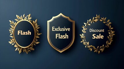 Obraz premium Three gold-themed promotional badges for sales and discounts.