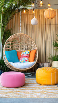Farbenfroher Outdoor-Bereich mit Rattanm&ouml;bel, H&auml;ngesessel und bunten Kissen zum Entspannen mit Urlaubsfeeling