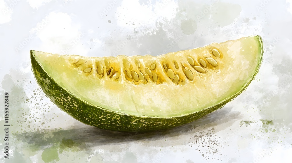 Poster a slice of honeydew melon showing seeds and rind