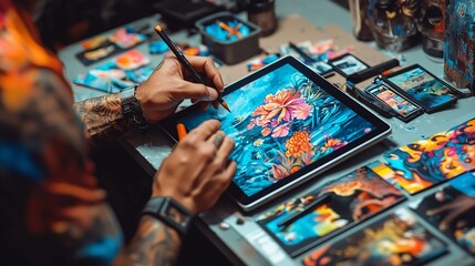 Tattoo artist sketching floral design on tablet.