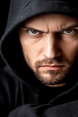 A man in a black hooded sweatshirt looking at the camera