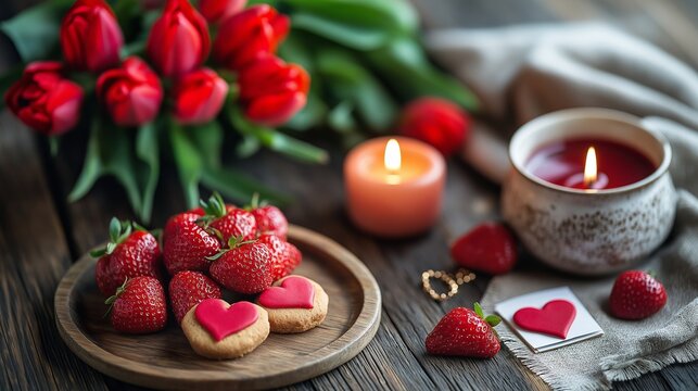 A Valentine's Day celebration scene featuring heart-shaped cookies, strawberries, candles, red tulips, and elegant handcrafted jewelry on a rustic wooden table - Powered by Adobe