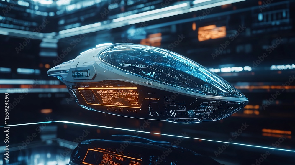 Poster futuristic spaceship with glowing hud details.