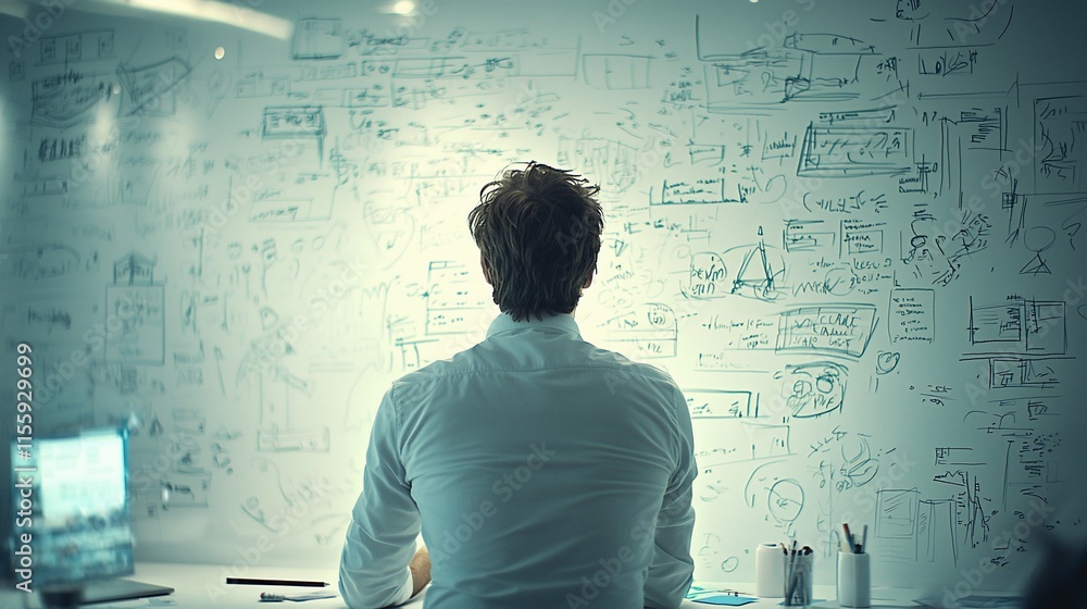 Poster man contemplating complex whiteboard diagrams.