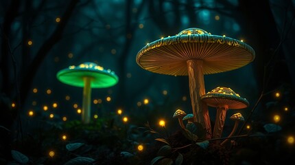 Fototapeta premium A magical forest with glowing mushrooms and fireflies, soft ethereal lighting, fantasy setting, ultra-detailed.