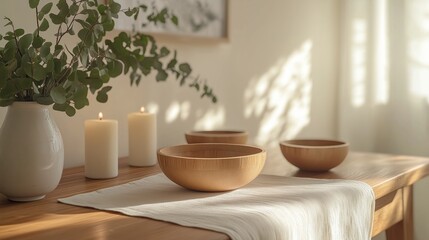 A minimalistic Valentine's Day brunch setup featuring wooden bowls, candles, and greenery on a wooden table