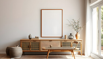 Spring composition of living room interior with mock up poster frame, rattan sideboard, wooden bench, vase with leaves and personal accessories. Home decor. Template, Backlit. isolated with white sh