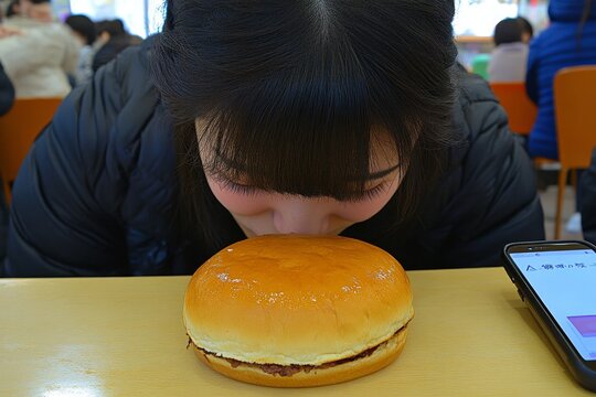 A delightful meal. A hungry woman savors a homemade burger, a lady grips and savors delicious fast food, relishing a snack at home.