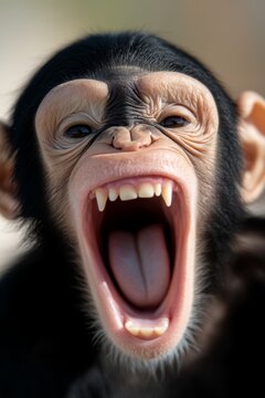 A close up of a monkey with its mouth open and teeth wide open
