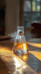 Elegant perfume bottle casting delicate shadows on a wooden surface in afternoon light