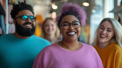 A diverse group of plus-size individuals joyfully trying on oversized clothing in a vibrant store with natural light and trendy accessories