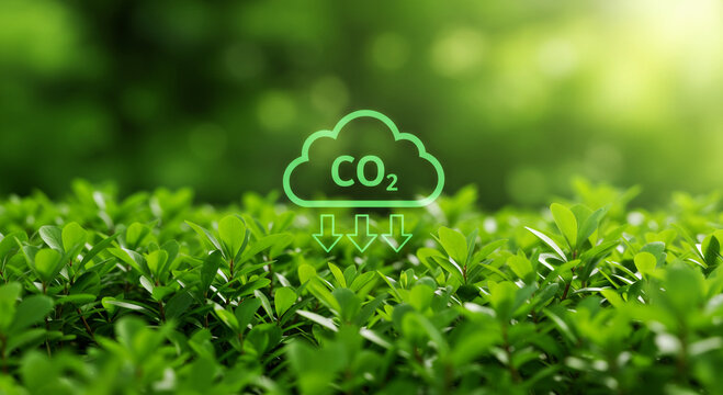 CO2 reduction concept showing a green environment with healthy plants and a cloud symbol indicating carbon footprint reduction and sustainability for a greener planet.