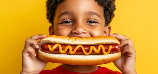 An Afro-American boy enjoying a classic hot dog with ketchup on a yellow background, with extra space for text or images.