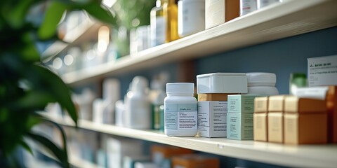 A soft focus image of a pharmacy shelf displaying various pharmaceutical products and containers