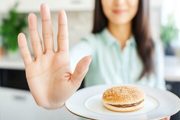 An Asian young woman uses a hand gesture to reject a burger when someone offers it, refusing to eat fast or junk food. She's trying to control her body weight and prefers low-fat, healthy foods as