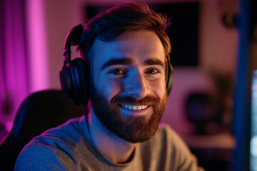 Fototapeta premium Generative AI portrait of a vibrant podcast host with mic headphones during live radio show