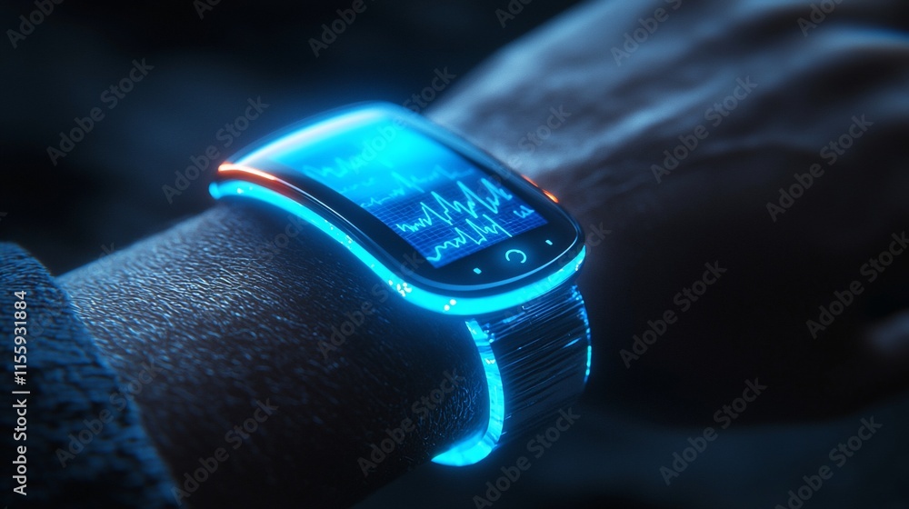 Poster Futuristic smartwatch displaying a health graph.