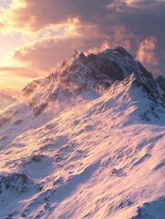 Snow covered mountain slope in last evening sunlight. Magnificent windy dusk on picturesque alpine ski resort, Dragobrat, Ukraine, Carpathian Mountains. People are unrecognizable.