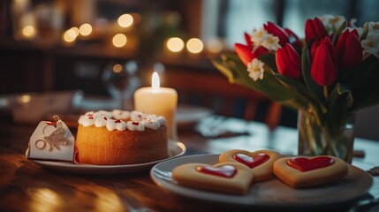 A romantic Valentine's Day setup featuring a cake, heart-shaped cookies, a candle, and a bouquet of red tulips on a wooden table