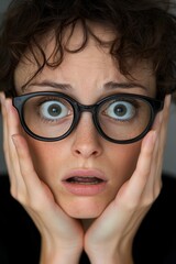 A woman with a surprised look on her face with her hands on her temples