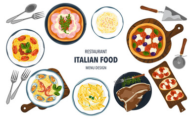 Set of vector banner illustrations with flat letters. Delicious food. Italian food, pasta, spaghetti, cooking from top view, recipes, menus, restaurants for food design, posters, and backgrounds.