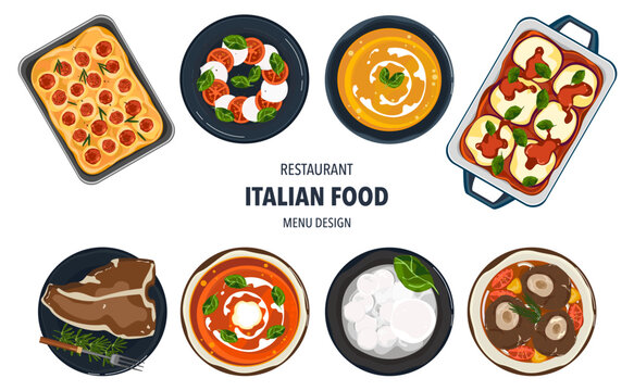 Set of vector banner illustrations with flat letters. Delicious food. Italian food, pasta, spaghetti, cooking from top view, recipes, menus, restaurants for food design, posters, and backgrounds.