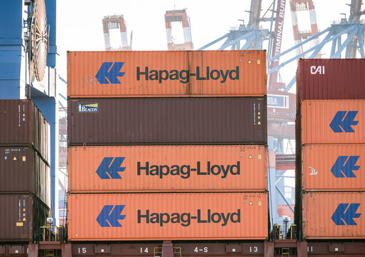 Hamburg, Germany: Hapag-Lloyd containers at the Burchardkai terminal