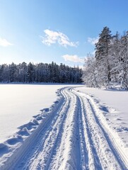 Obraz premium Ski tracks in the deep snow on a sunny day in Finland. Outdoor sports, wintry wallpaper, snowy landscape. Copy space.