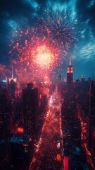 Fototapeta premium Captivating New Year s Eve Fireworks Display over Densely Populated City Skyline