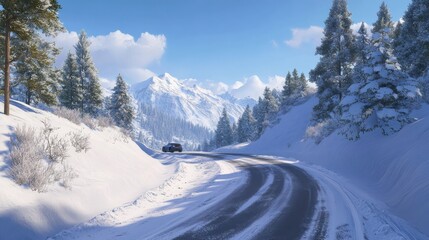 Obraz premium Snow-covered mountain road with a clear blue sky, winter adventure