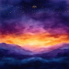 Obraz premium Painting of a mountain range with a purple and orange sky
