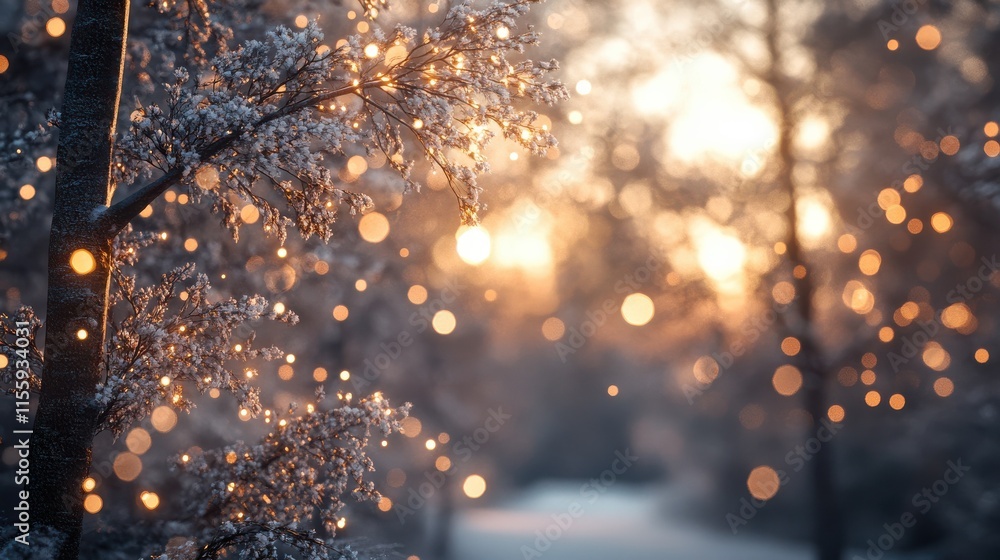 Aufkleber snow trees with bokeh lighting in winter on a blurred background