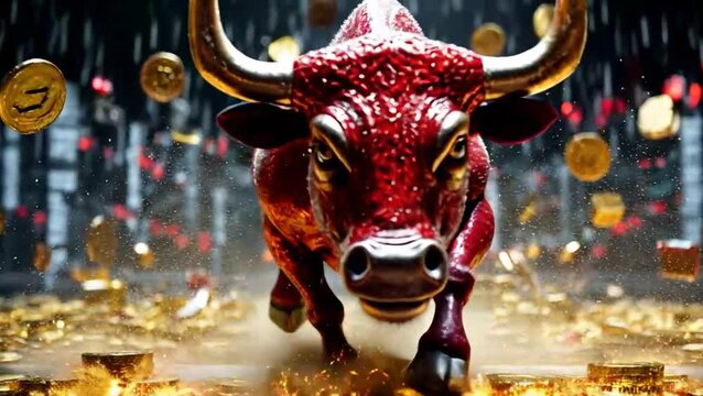 a bull that runs straight at the viewer. The bull has a bright red color with golden horns and hooves. Gold coins float in the air around him, giving the impression of a rain of coins.
