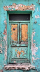 Naklejka premium Blue weathered window with iron bars on peeling wall in vibrant urban setting